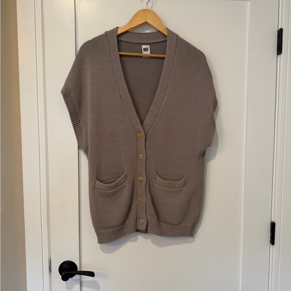 NSF Taupe Button-Front Knit Vest with Patch Pockets
